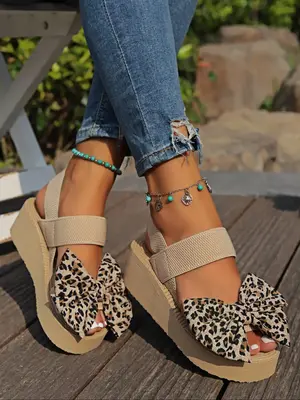 Women's Fashion Leopard Print Bowknot Design  Wedge Sandals, Casual Versatile Sandals for Summer, Lightweight Breathable Comf...