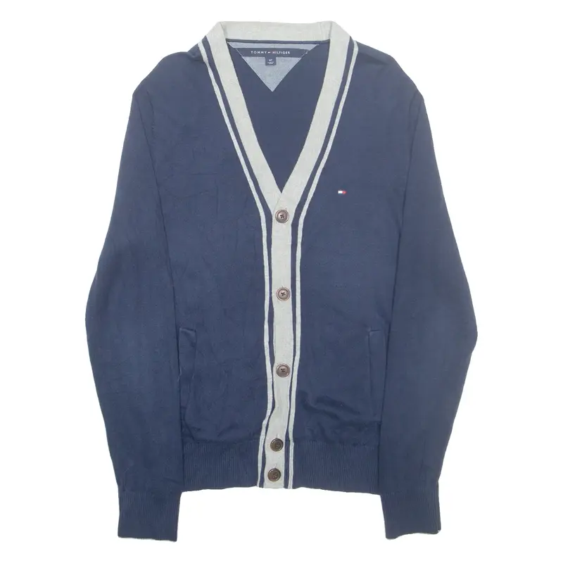 TOMMY HILFIGER Mens Cardigan Blue Button Neck Tight Knit S