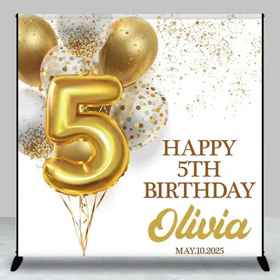 Gold Balloons Custom 5th Birthday Backdrop For Girl - Aperturee