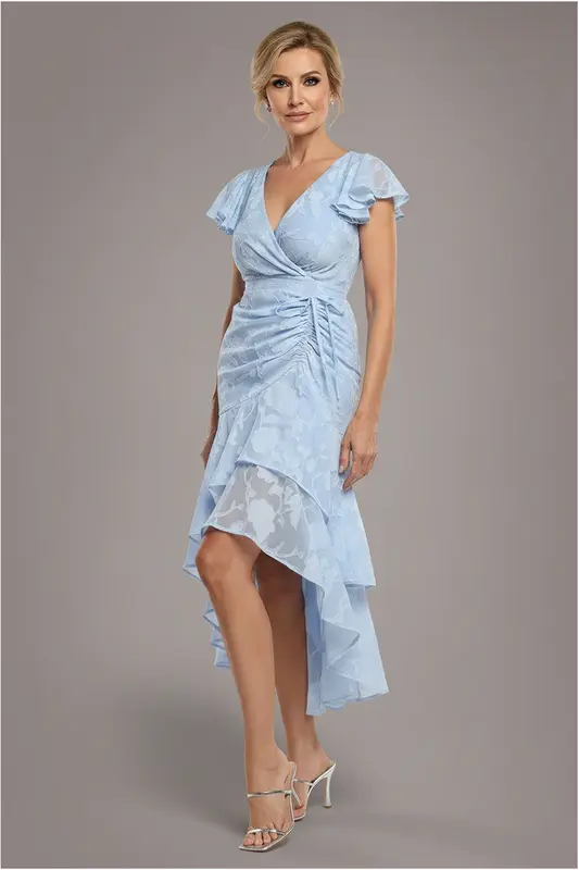 Goddiva Jacquard Chiffon Wrap High Low Midaxi Dress - Blue