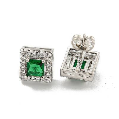 Square Brass Micro Pave Clear Cubic Zirconia Stud Earrings