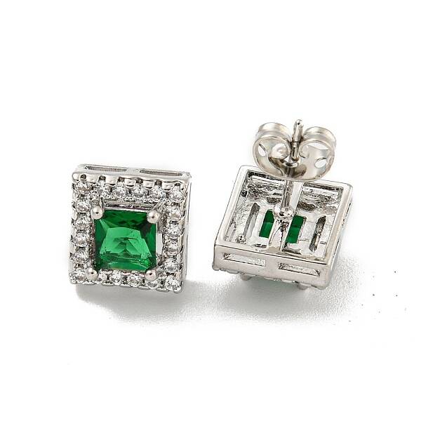 Square Brass Micro Pave Clear Cubic Zirconia Stud Earrings
