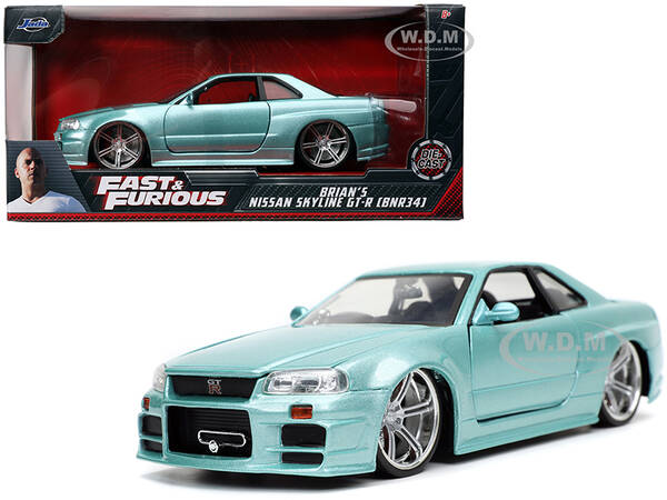 Brians Nissan Skyline GT-R (BNR34) RHD (Right Hand Drive) Turquoise Metallic Fast & Furious Movie 1/24 Diecast Model Car by J...