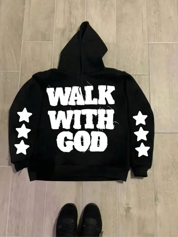 Men's Letter & Star Print Drawstring Hoodie, Casual Regular Fit Long Sleeve Hooded Sweatshirt for Fall & Winter, Men's Top fo...