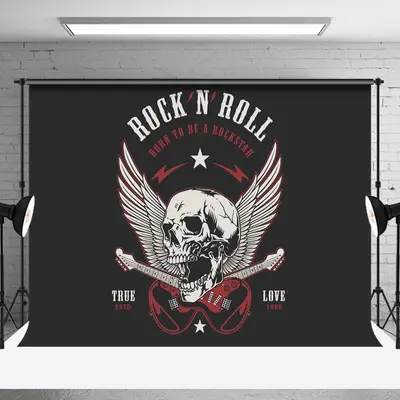Black White Skull Guitar Rock N Roll Party Backdrop