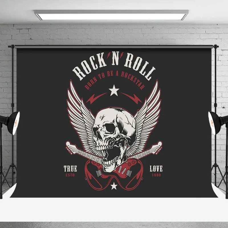 Black White Skull Guitar Rock N Roll Party Backdrop
