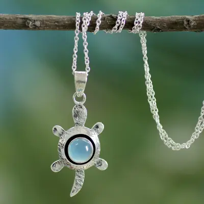 NOVICA Turtle Wisdom Chalcedony and Silver Pendant Necklace
