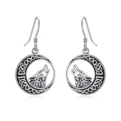Sterling Silver Wolf & Celtic Knot Moon Hoop Earrings For Women