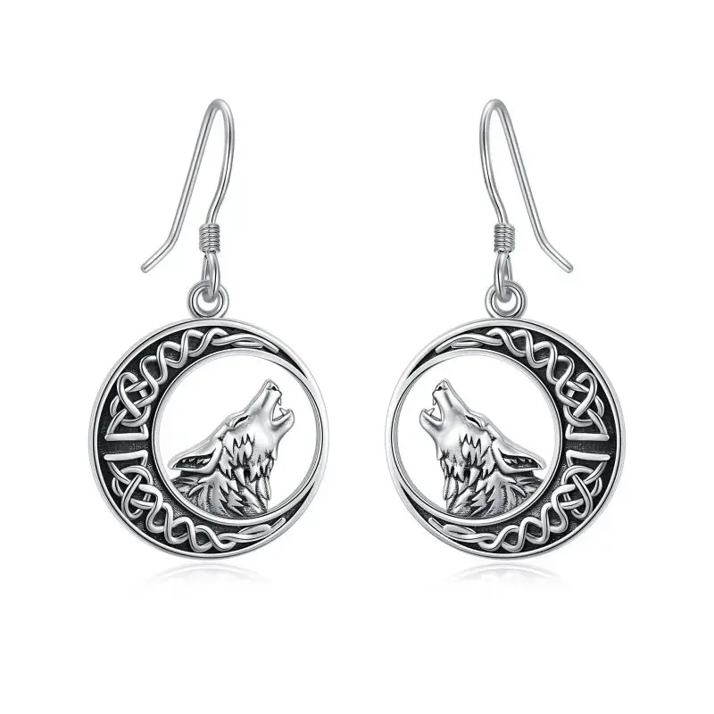 Sterling Silver Wolf & Celtic Knot Moon Hoop Earrings For Women