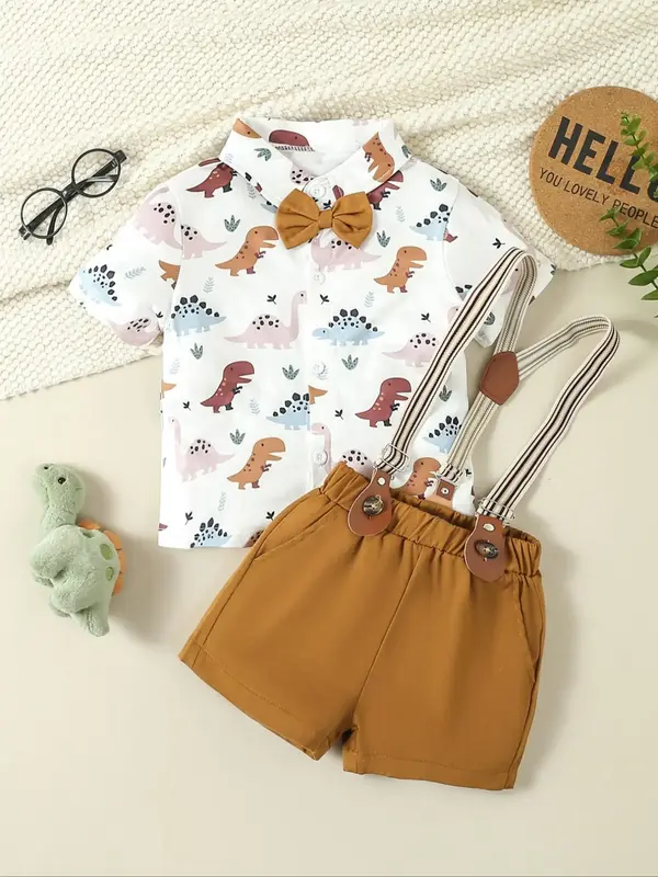 Two-Piece Set Boy's Dinosaur Print Button Front Shirt & Elastic Waist Suspender Shorts Set (with Tie), Casual Short Sleeve C...