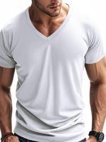 Men's Solid V Neck Short Sleeve Sports Tee, Regular Fit Casual Comfy Breathable T-shirt for Daily Wear, Men's Sportswear for ...