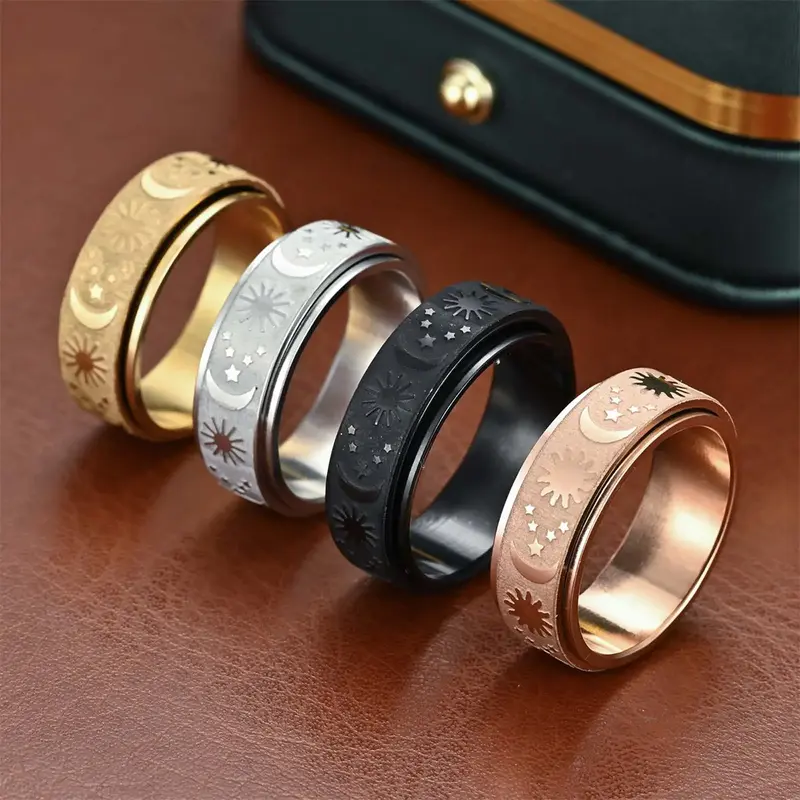Y2k star, moon and sun rotatable ring creative design hip-hop couple style relieves stress and anxiety suitable for party gif...