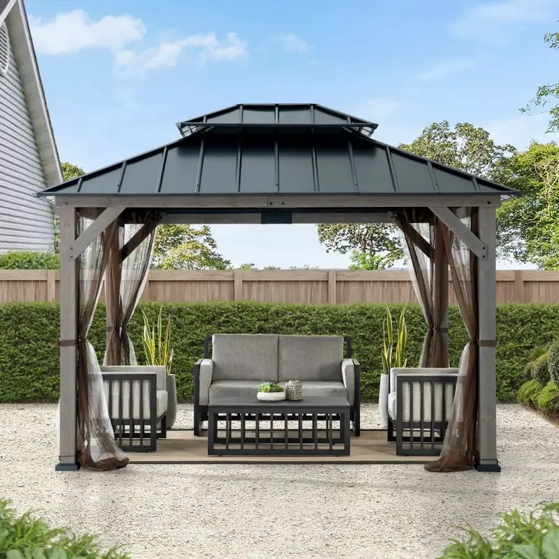 SUNJOY 10x12 Cedar Wood Gazebo with Galvanized Steel Roof, LED String Lights & Mosquito Netting - Black