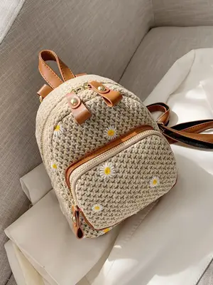 Women's Casual Trendy Flower Decorated Backpack Purse with Zipper, Cute Colorblock Backpack with Braided Design, Fashionable ...