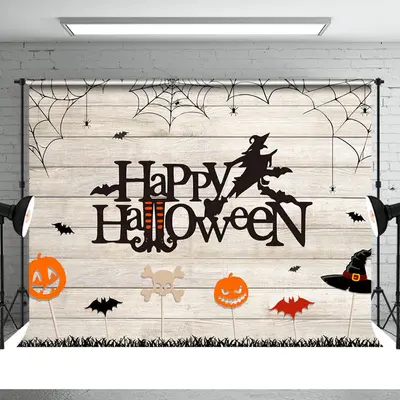 Happy Halloween Witch Bat Wood Theme Party Backdrop - Aperturee