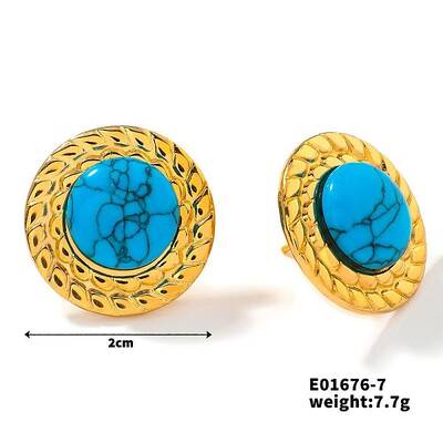 Cute Flat Round Synthetic Turquoise Stud Earrings for Summer