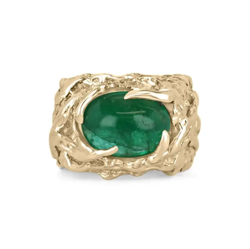 10K Gold 2 to 7 CT Oval Cut Emerald Nugget Dark Vivid Unisex Cabochon Pinky Ring for Men