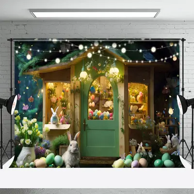 Paschal Eggs Green Wooden House Easter Backdrop - Aperturee