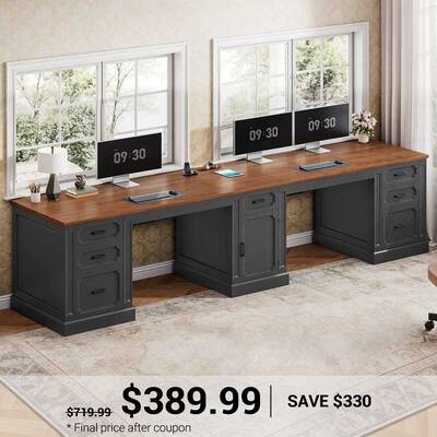 SEDETA | 110.3 Inch Farmhouse Two Person Desk Vintage Extra Long Computer Desk with Printer Stand Power Outlets 7 Drawers Sto...