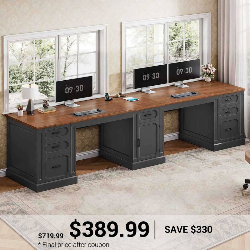 SEDETA | 110.3 Inch Farmhouse Two Person Desk Vintage Extra Long Computer Desk with Printer Stand Power Outlets 7 Drawers Sto...