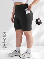 【Plus Size】 Plain / Leopard Print Pocket Skinny Shorts, Casual Comfy Breathable High Waist Short Leggings for Daily Wear,...