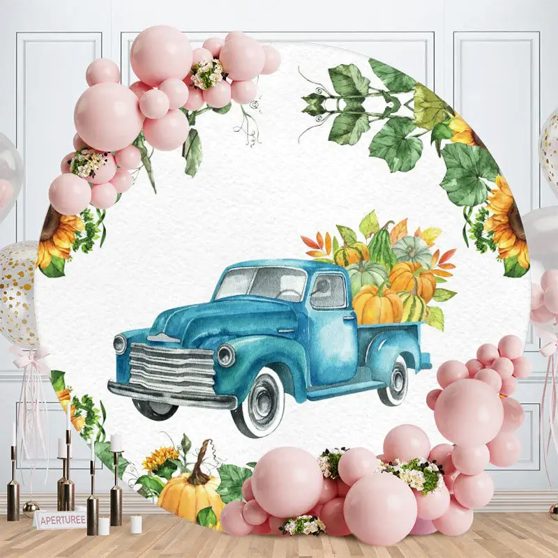 Aperturee Pumpkins And Blue Truck Round Birthday Party Backdrop