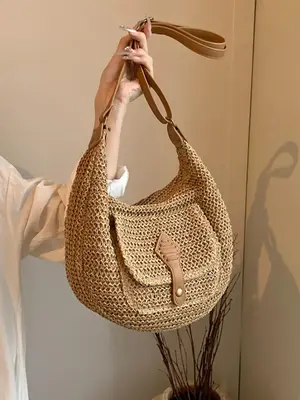 Women's Fashionable Straw Bag, Large Capacity Lightweight Shoulder Bag for Daily Used, Casual Trendy Versatile High-quality D...