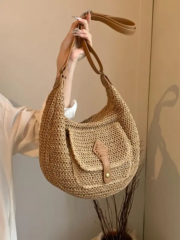Women's Fashionable Straw Bag, Large Capacity Lightweight Shoulder Bag for Daily Used, Casual Trendy Versatile High-quality D...