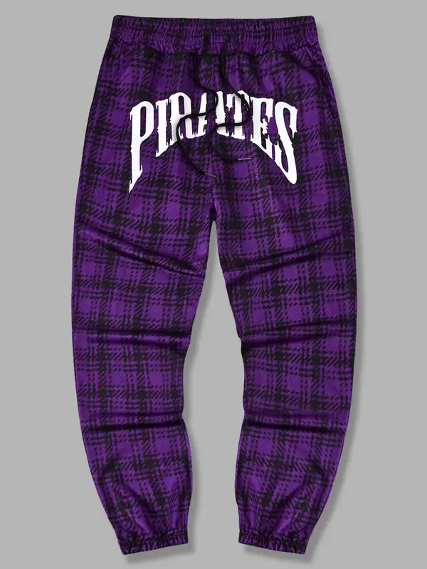 Men's Plaid & Letter Print Drawstring Waist Sweatpants, Menswear Casual Soft Comfortable Jogger Pants for Spring & Fall, Pant...