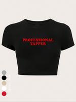 Women's Letter Print Comfort Round Neck Crop Tee, Casual Short Sleeve Crew Neck T-shirt for Summer, Womenswear Streetwear Top...