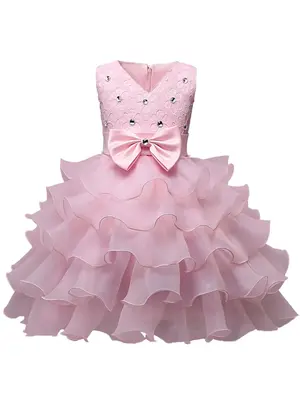 Girl's Plain Artificial Gemstone & Bowknot Decor Tiered Layer Mesh Tutu Dress, Cute Sleeveless V Neck Party Dress for Night O...