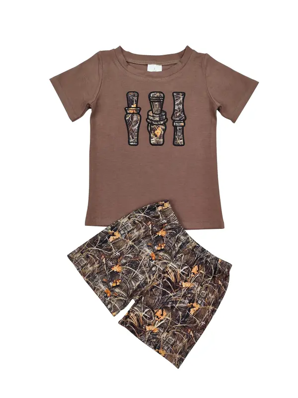 Camo Boys Embroidered Shirt and Short Set- Grassland Camo