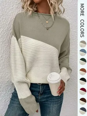 Women's Colorblock Drop Shoulder Sweater, Casual Long Sleeve Round Neck Jumper, Ladies' Knitwear for Daily Wear, Sweaters for...