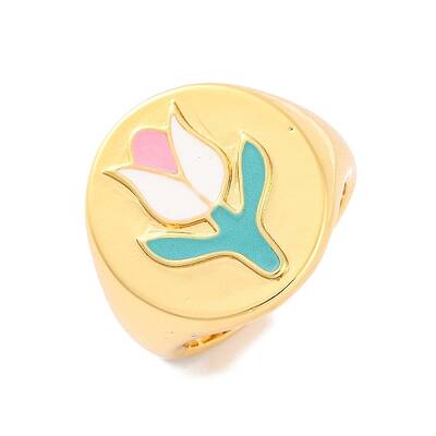 Round with Tulip Brass Enamel Open Cuff Rings