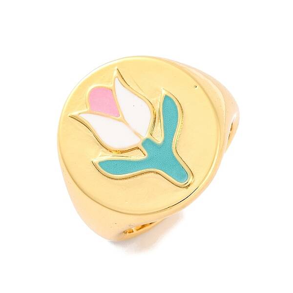 Round with Tulip Brass Enamel Open Cuff Rings