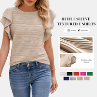 SHEWIN 2025 Women’s Going Tops Trend – Lightweight Ribbed Ruffle-Sleeve Tee, Cute Crewneck Short-Sleeve Summer Top for Wo...