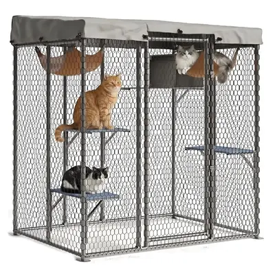 Garvee Large Outdoor Cat House Catio, Walk-In Metal Enclosure with 4 Platforms, Hammock, Weatherproof Canopy, Resting Condo, ...
