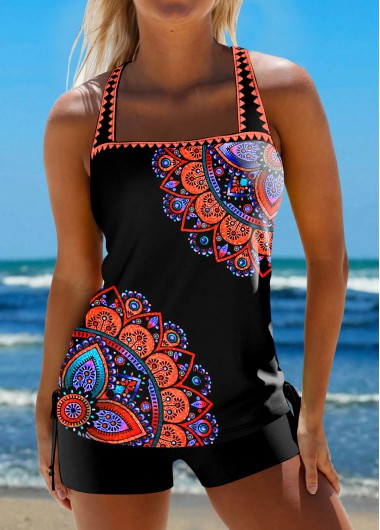 Modlily Contrast Binding Mid Waisted Tribal Print Black Tankini Set - L