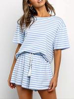 Women's Striped Print Top & Shorts Loungewear Two-piece Set, Casual Comfy Round Neck Short Sleeve Top & Drawstring Waist Shor...