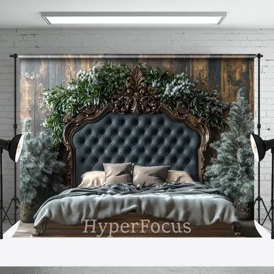 Wood Wall Navy Bed Pine Leaves Christmas Backdrop - Aperturee