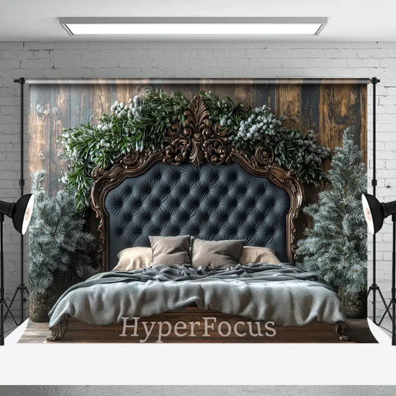 Wood Wall Navy Bed Pine Leaves Christmas Backdrop - Aperturee