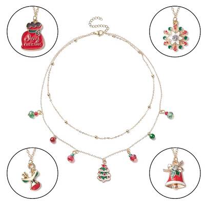 Alloy Satellite Chains Double Layer Necklace with Alloy Christmas Tree & Deer & Snowflake Charms