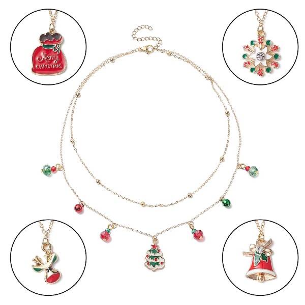 Alloy Satellite Chains Double Layer Necklace with Alloy Christmas Tree & Deer & Snowflake Charms