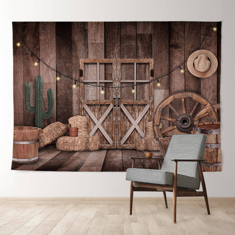 Aperturee Cabin Wood Door Farm Tools Cacti Winter Backdrop