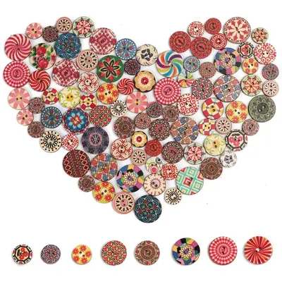 100pcs Mixed Color Round Button, Mixed Size Vintage Pattern Button, Sewing Accessories for DIY Clothes