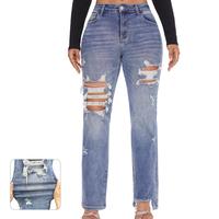 【2025】BlueMoment Women Mid-High Waisted Stretch Pants Ripped Regular Jeans Mid-Blue Straight Pants | Fashion Casual Denim...