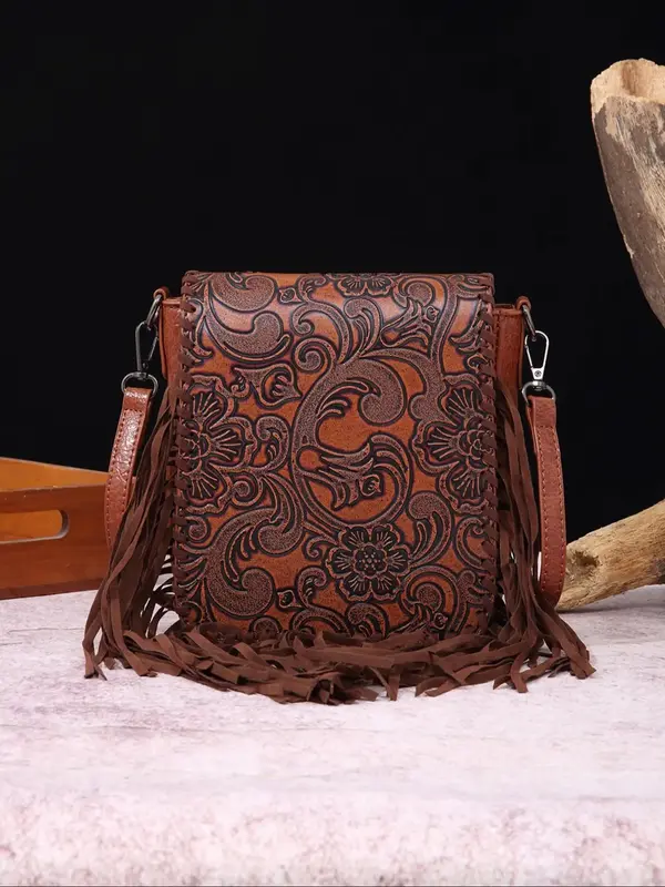 Women's 1 Piece Random Print Fringe Design Flap Crossbody Bag, Fashionable PU Leather Zipper Square Shoulder Bag For Daily Us...