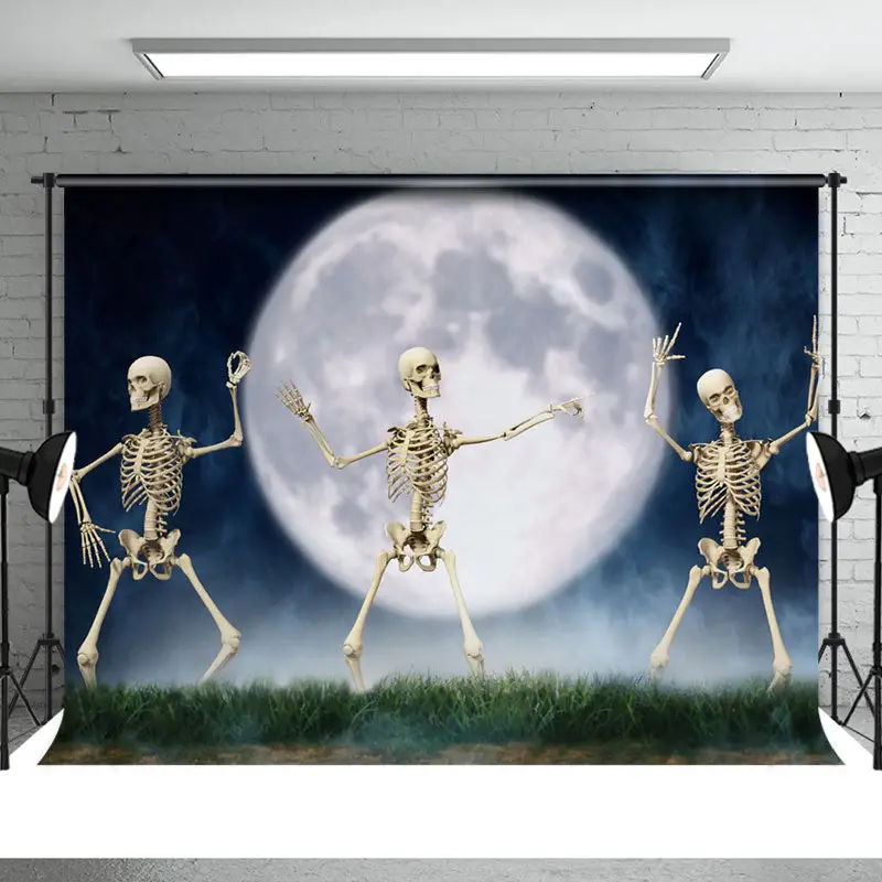 Dancing Skull With Moonlight Grass Halloween Backdrop - Aperturee