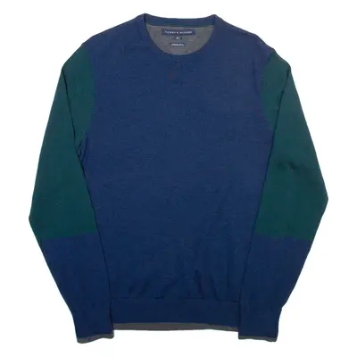 TOMMY HILFIGER Mens Patterned Jumper Blue Colourblock Tight Knit Wool S