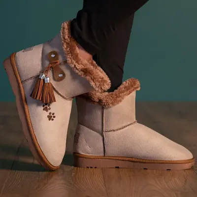 Paw Print Faux Suede Boots With Tassels - Purple - 7